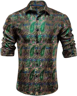 Hi-Tie Men Dress Shirts Long Sleeve Casual Button Down Regular Fit Shirts Formal Wedding Button Up Business Party Shirt,Green Paisley,XX-Large