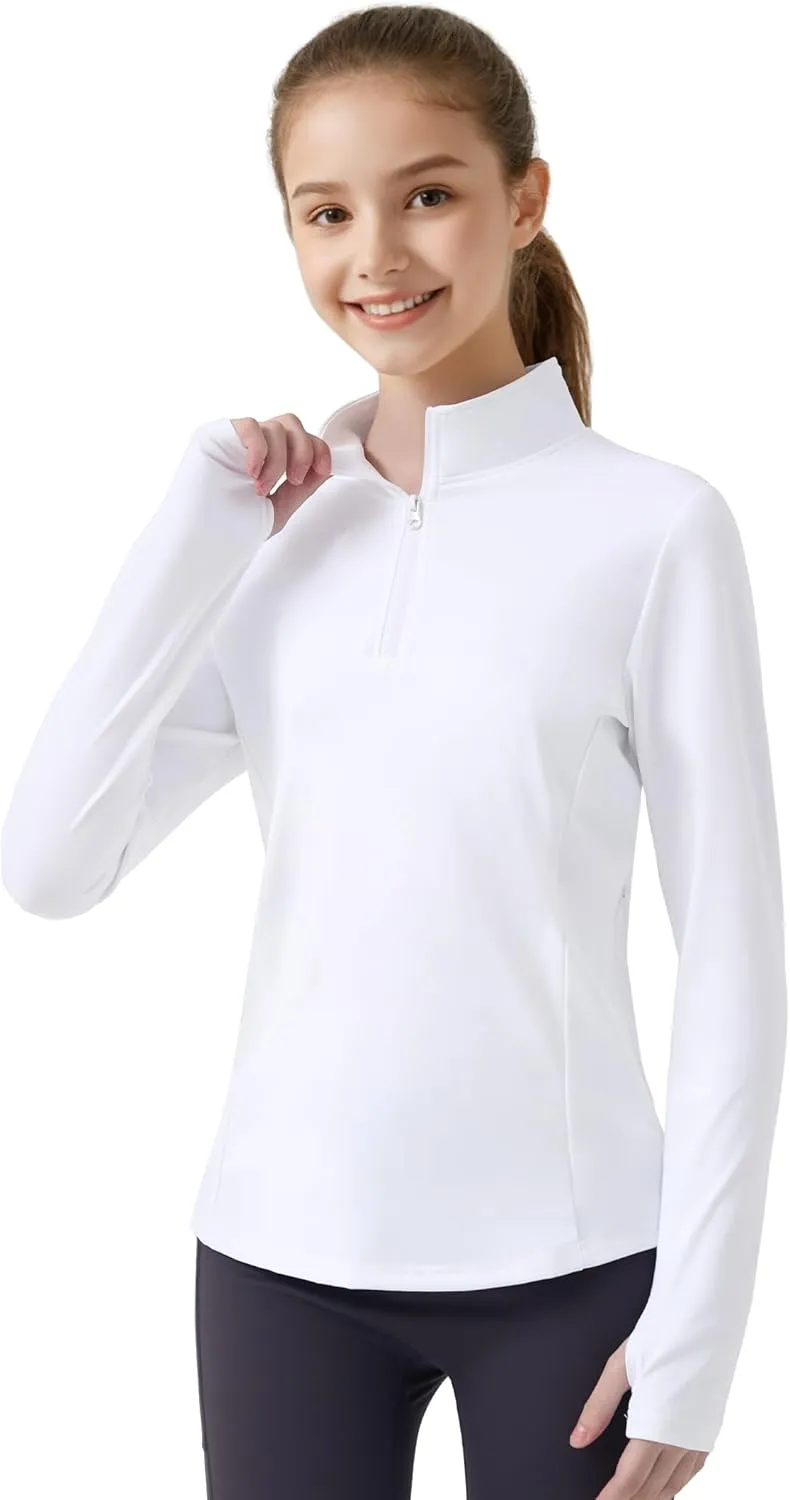 JOCMIC Girls Long Sleeve Shirts Athletic Equestrian Horse Riding Shirt with Pockets Thumhole Half Zip Workout Jacket for Golf