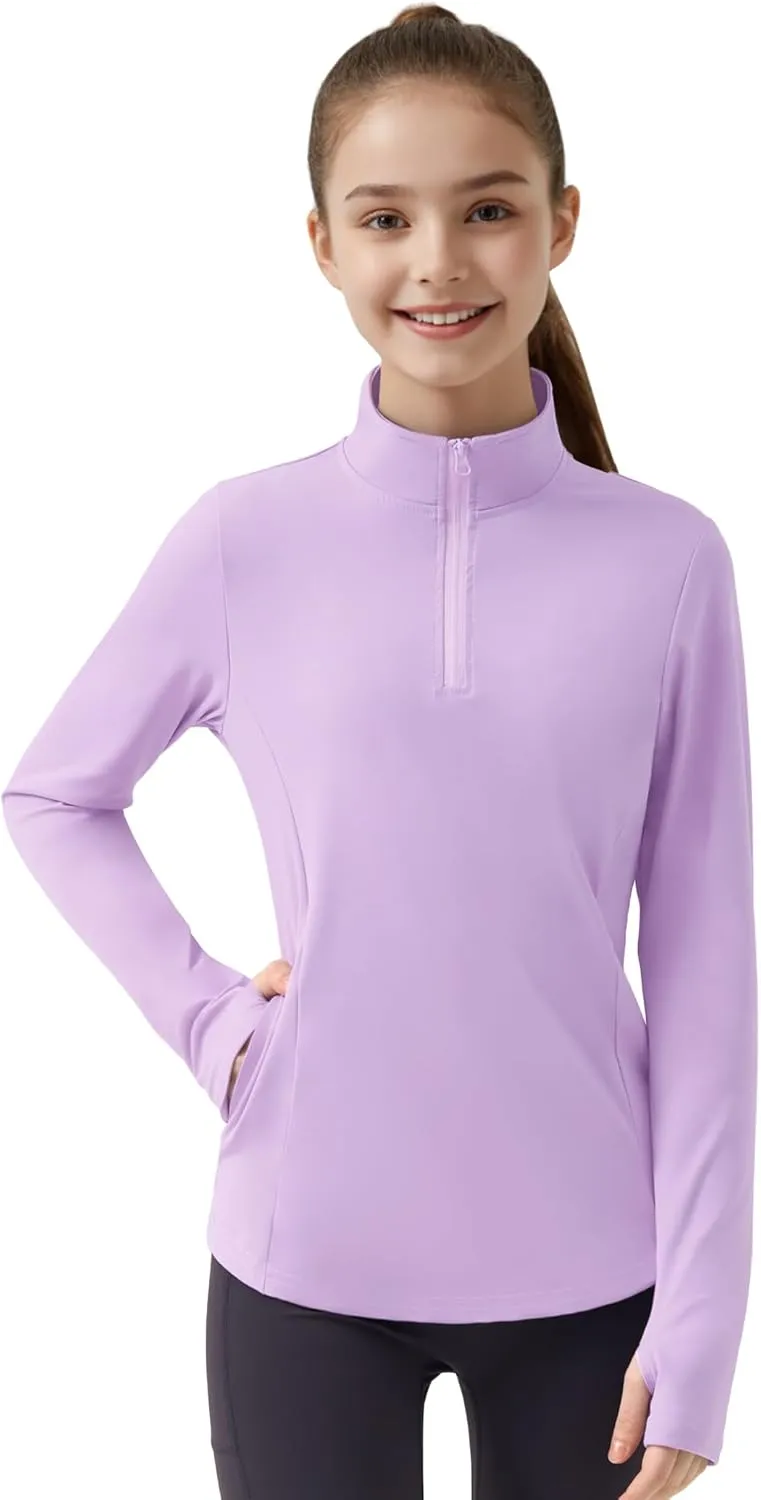 JOCMIC Girls Long Sleeve Shirts Athletic Equestrian Horse Riding Shirt with Pockets Thumhole Half Zip Workout Jacket for Golf