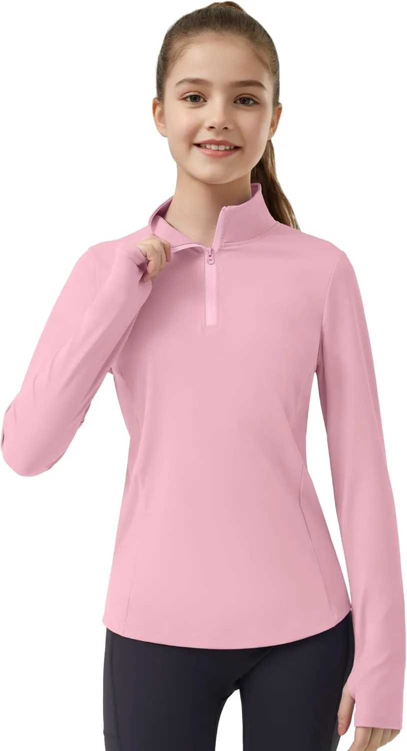 JOCMIC Girls Long Sleeve Shirts Athletic Equestrian Horse Riding Shirt with Pockets Thumhole Half Zip Workout Jacket for Golf