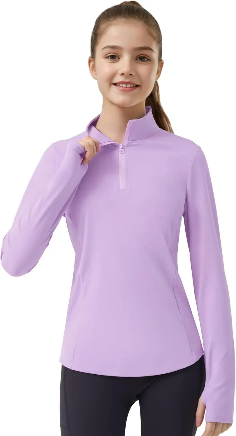 JOCMIC Girls Long Sleeve Shirts Athletic Equestrian Horse Riding Shirt with Pockets Thumhole Half Zip Workout Jacket for Golf