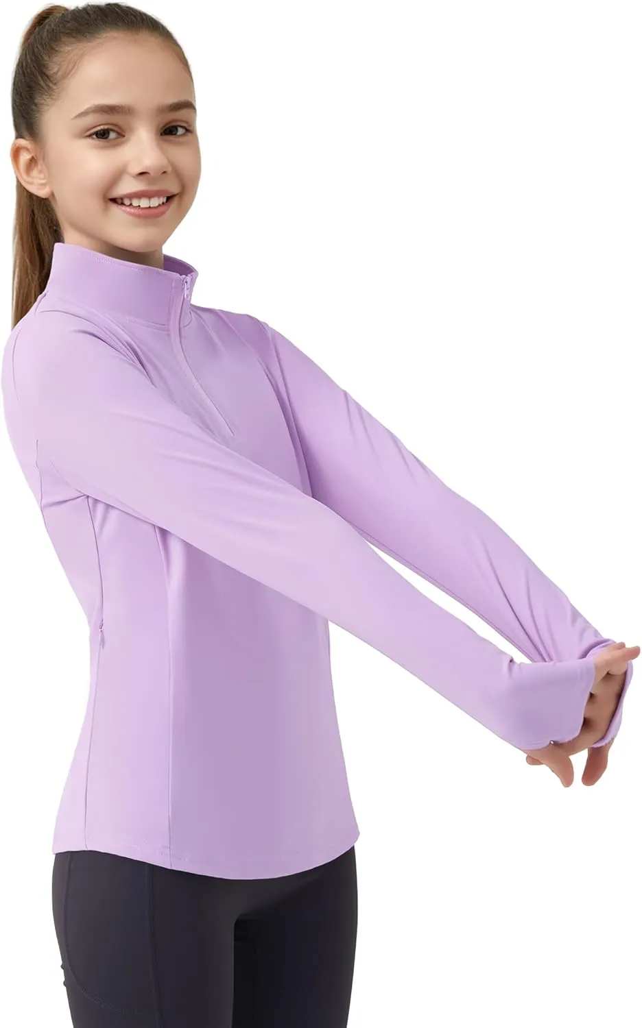 JOCMIC Girls Long Sleeve Shirts Athletic Equestrian Horse Riding Shirt with Pockets Thumhole Half Zip Workout Jacket for Golf