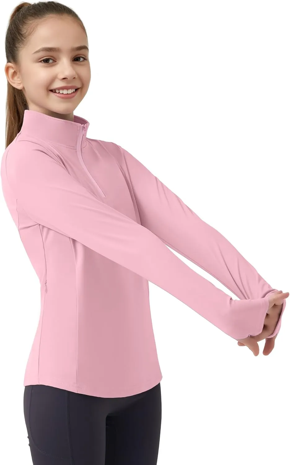 JOCMIC Girls Long Sleeve Shirts Athletic Equestrian Horse Riding Shirt with Pockets Thumhole Half Zip Workout Jacket for Golf