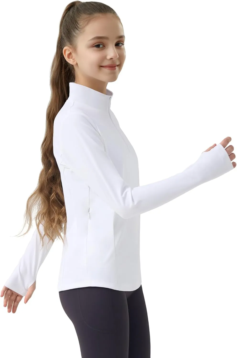 JOCMIC Girls Long Sleeve Shirts Athletic Equestrian Horse Riding Shirt with Pockets Thumhole Half Zip Workout Jacket for Golf