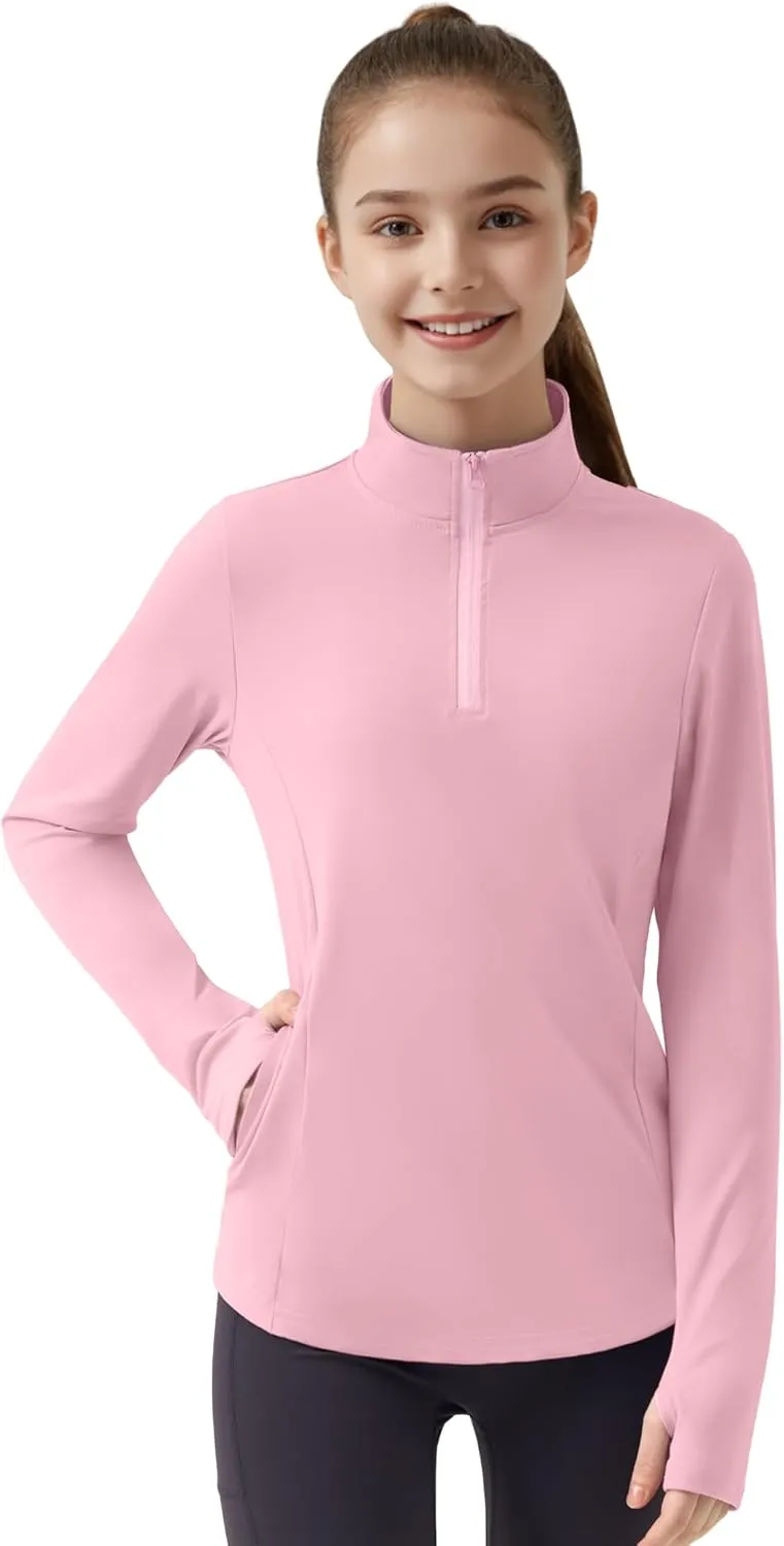 JOCMIC Girls Long Sleeve Shirts Athletic Equestrian Horse Riding Shirt with Pockets Thumhole Half Zip Workout Jacket for Golf
