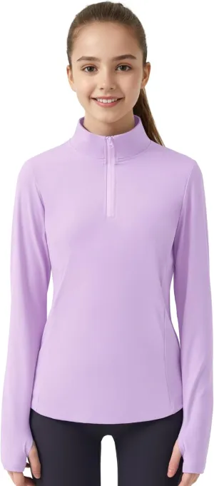 JOCMIC Girls Long Sleeve Shirts Athletic Equestrian Horse Riding Shirt with Pockets Thumhole Half Zip Workout Jacket for Golf