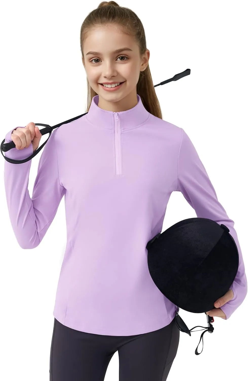 JOCMIC Girls Long Sleeve Shirts Athletic Equestrian Horse Riding Shirt with Pockets Thumhole Half Zip Workout Jacket for Golf