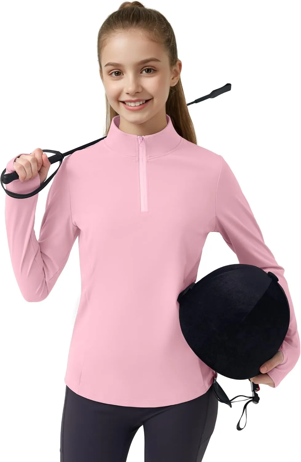 JOCMIC Girls Long Sleeve Shirts Athletic Equestrian Horse Riding Shirt with Pockets Thumhole Half Zip Workout Jacket for Golf