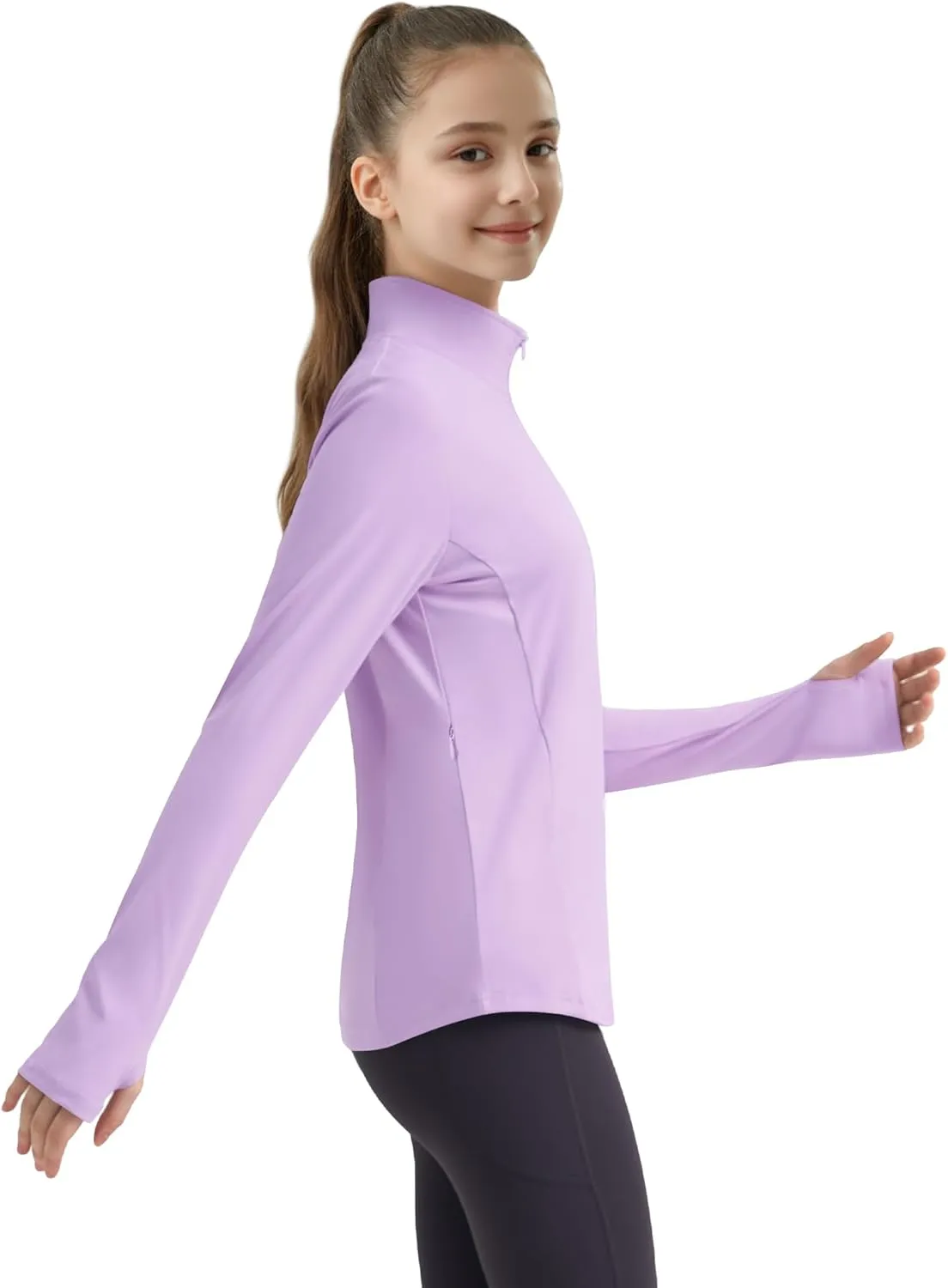 JOCMIC Girls Long Sleeve Shirts Athletic Equestrian Horse Riding Shirt with Pockets Thumhole Half Zip Workout Jacket for Golf