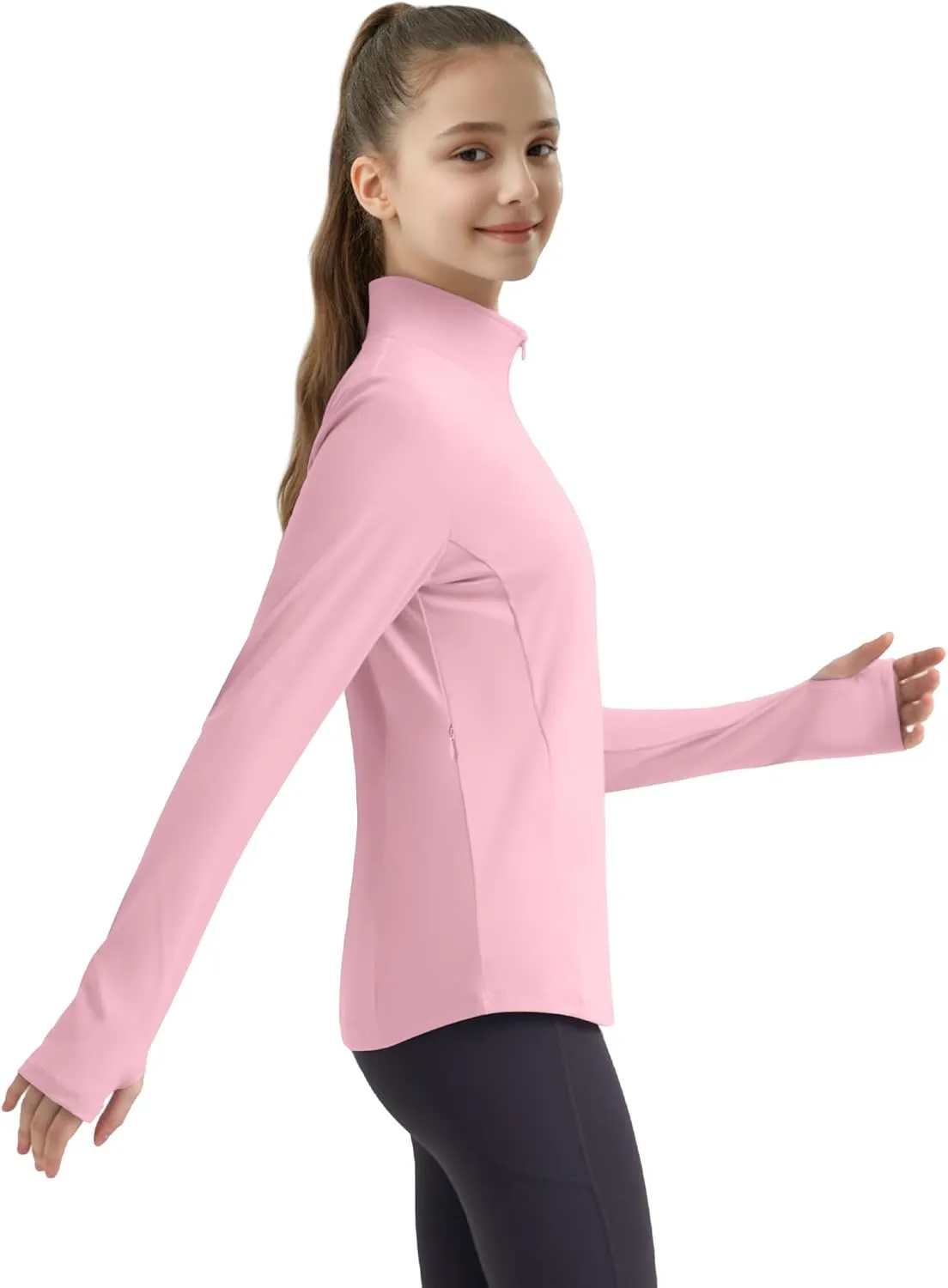 JOCMIC Girls Long Sleeve Shirts Athletic Equestrian Horse Riding Shirt with Pockets Thumhole Half Zip Workout Jacket for Golf