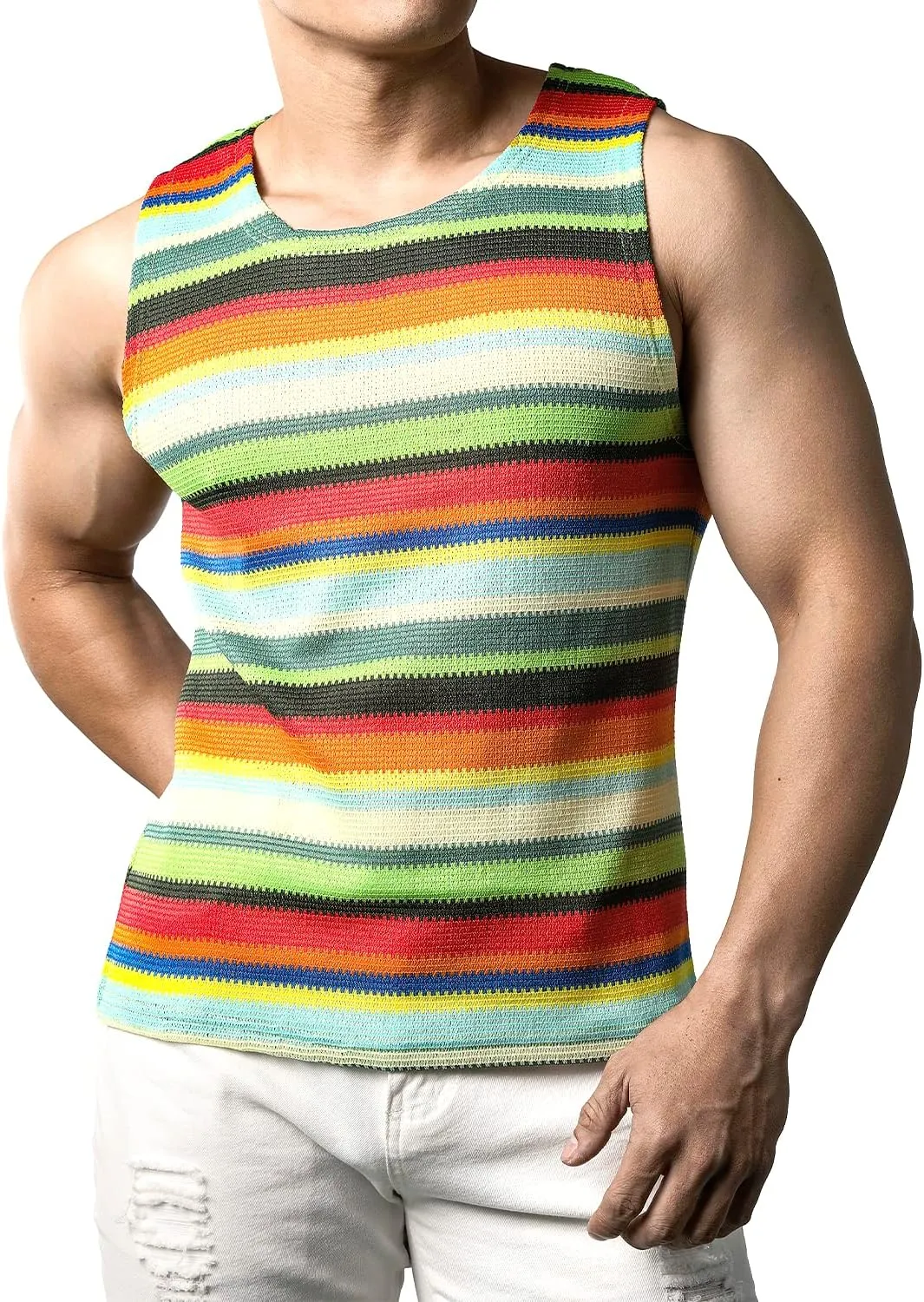 JOGAL Mens Rainbow Striped Sleeveless Shirts Multicolored Casual Tank Tops