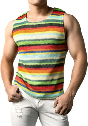 JOGAL Mens Rainbow Striped Sleeveless Shirts Multicolored Casual Tank Tops