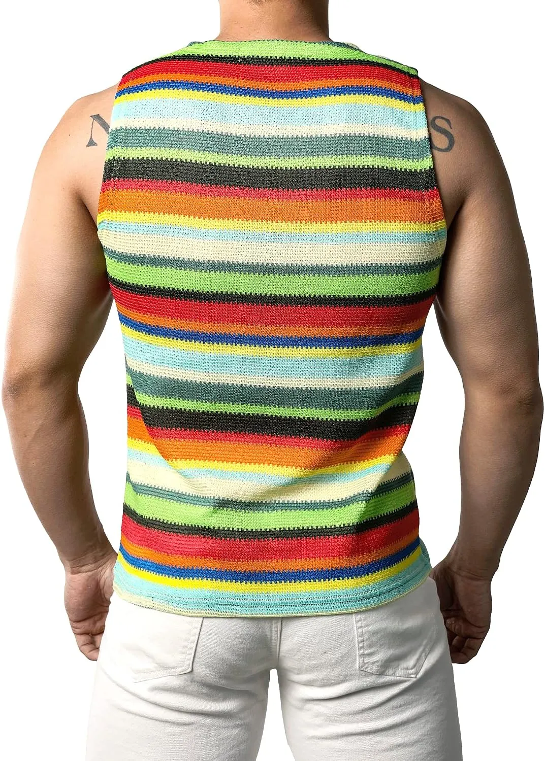 JOGAL Mens Rainbow Striped Sleeveless Shirts Multicolored Casual Tank Tops
