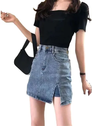 JYHBHMZG Korean Style Women's Denim Skirt Slim Fit Anti-Glare Mini Skirts Woman Summer Solid Color High Waisted Short Skirt