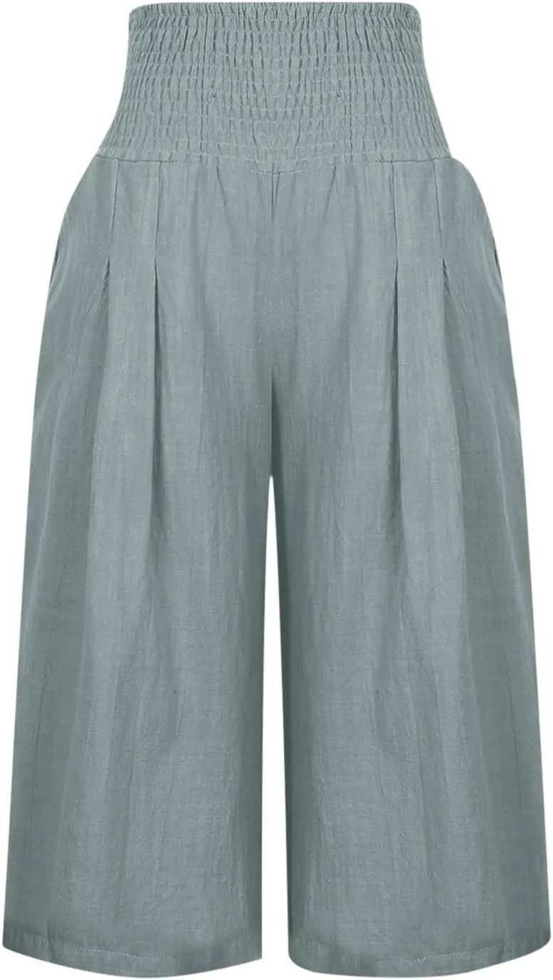 Linen Capri Pants for Women Elastic High Waisted Wide Leg Pant Baggy Lightweight Casual Summer Trendy Palazzo Trouser
