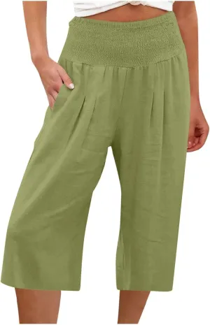 Linen Capri Pants for Women Elastic High Waisted Wide Leg Pant Baggy Lightweight Casual Summer Trendy Palazzo Trouser