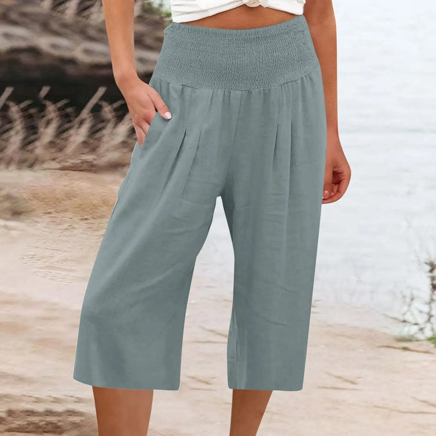 Linen Capri Pants for Women Elastic High Waisted Wide Leg Pant Baggy Lightweight Casual Summer Trendy Palazzo Trouser