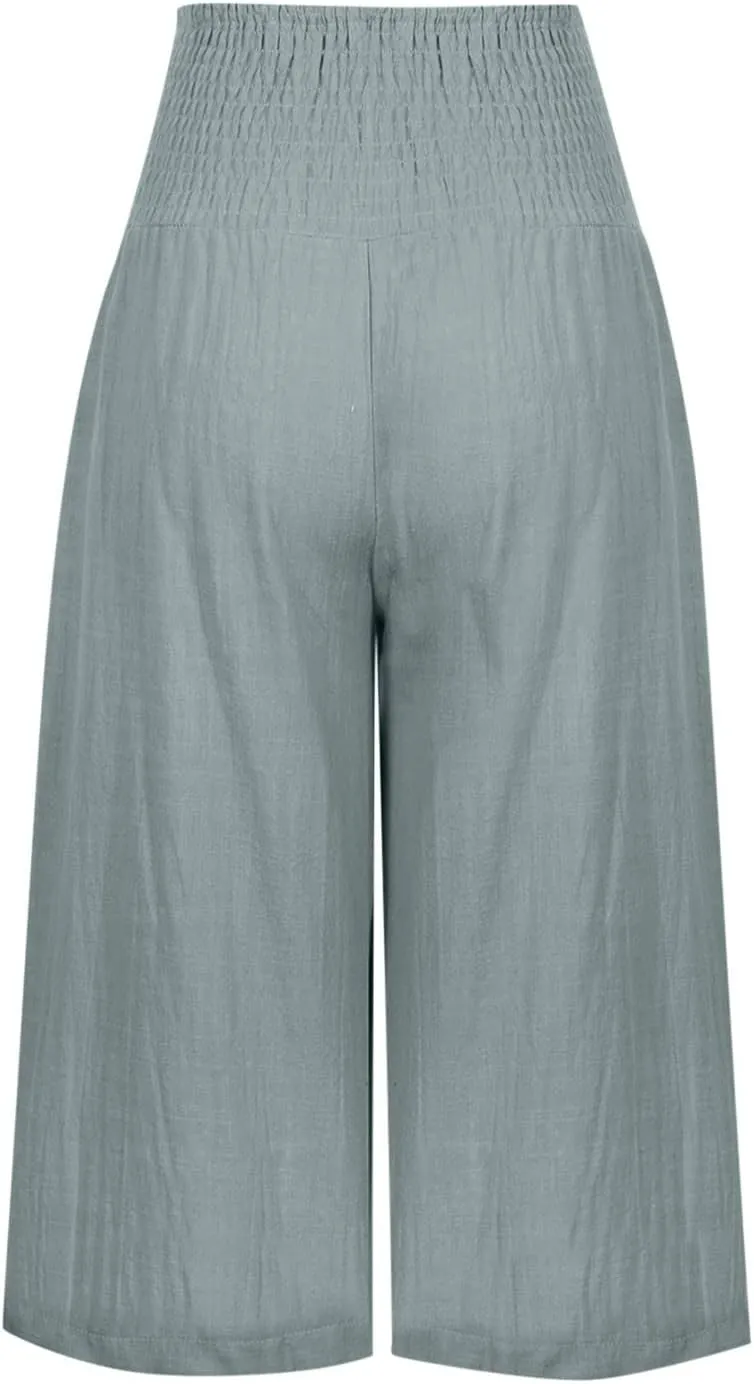 Linen Capri Pants for Women Elastic High Waisted Wide Leg Pant Baggy Lightweight Casual Summer Trendy Palazzo Trouser
