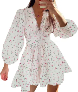 Long Sleeve Floral Dress for Women Printed V-Neck Lace Mini Short Party Ruffle Dress