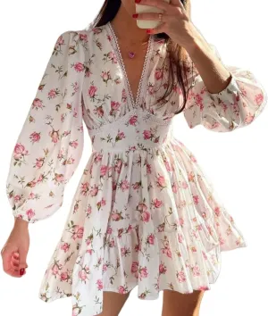 Long Sleeve Floral Dress for Women Printed V-Neck Lace Mini Short Party Ruffle Dress