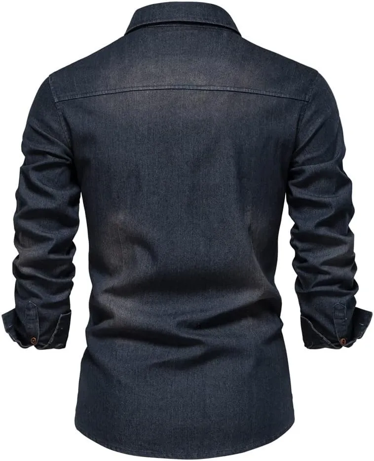 LONGBIDA Mens Denim Shirt Button Down Long Sleeve Casual Slim Fit Shirts