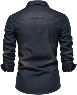LONGBIDA Mens Denim Shirt Button Down Long Sleeve Casual Slim Fit Shirts