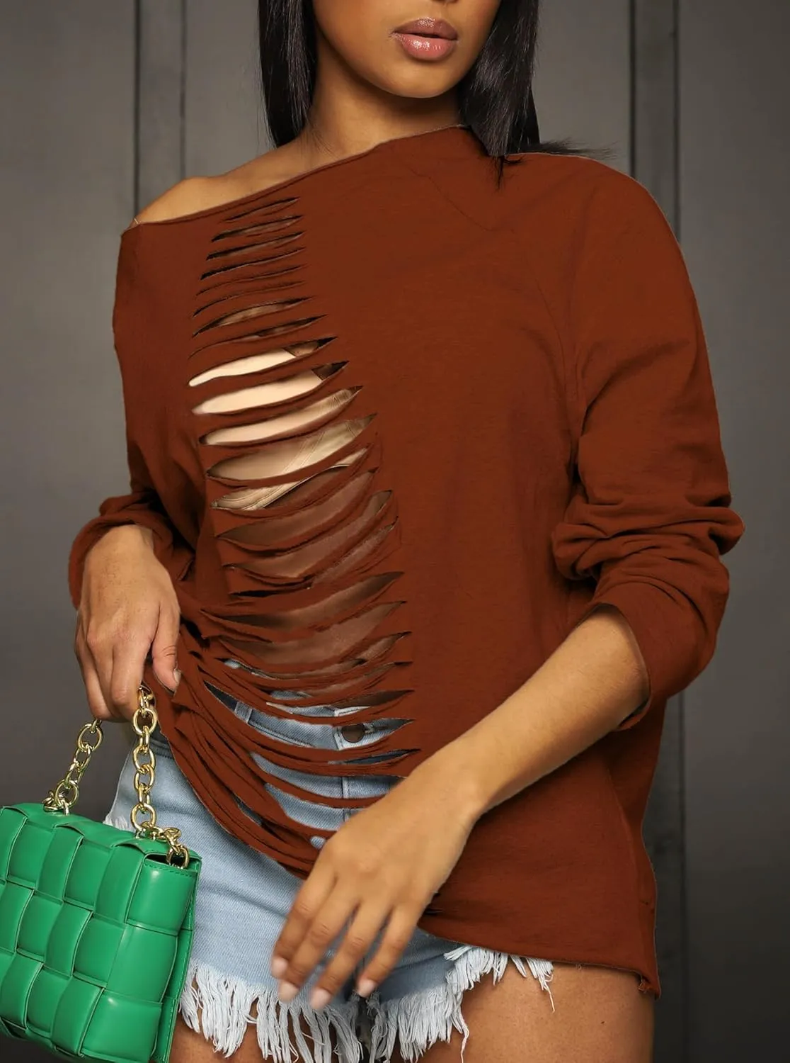 LovelyWholesale Women Off the Shoulder Sweatshirt Sexy Ripped Long Sleeve Shirts
