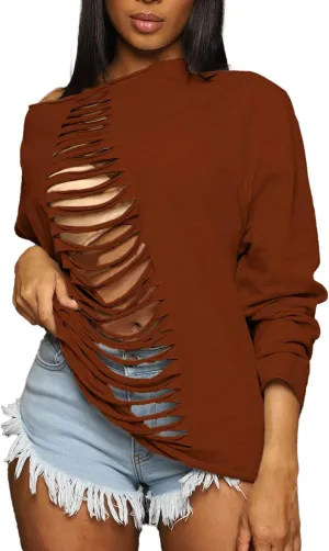 LovelyWholesale Women Off the Shoulder Sweatshirt Sexy Ripped Long Sleeve Shirts