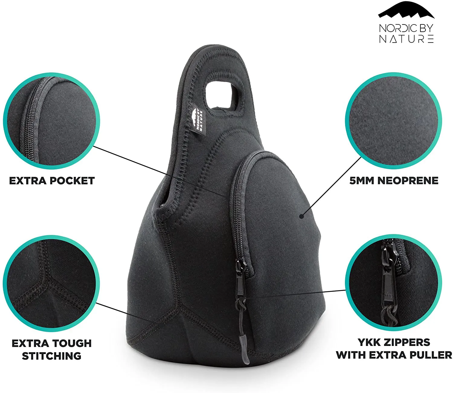 Lunch Bags For Women & Lunch Boxes For Kids | Nordic By Nature Premium Insulated Lunch Box Extra Thick Neoprene, Soft Cotton Feel, Premium Stitching, Outside Pocket, Washable (M) Black