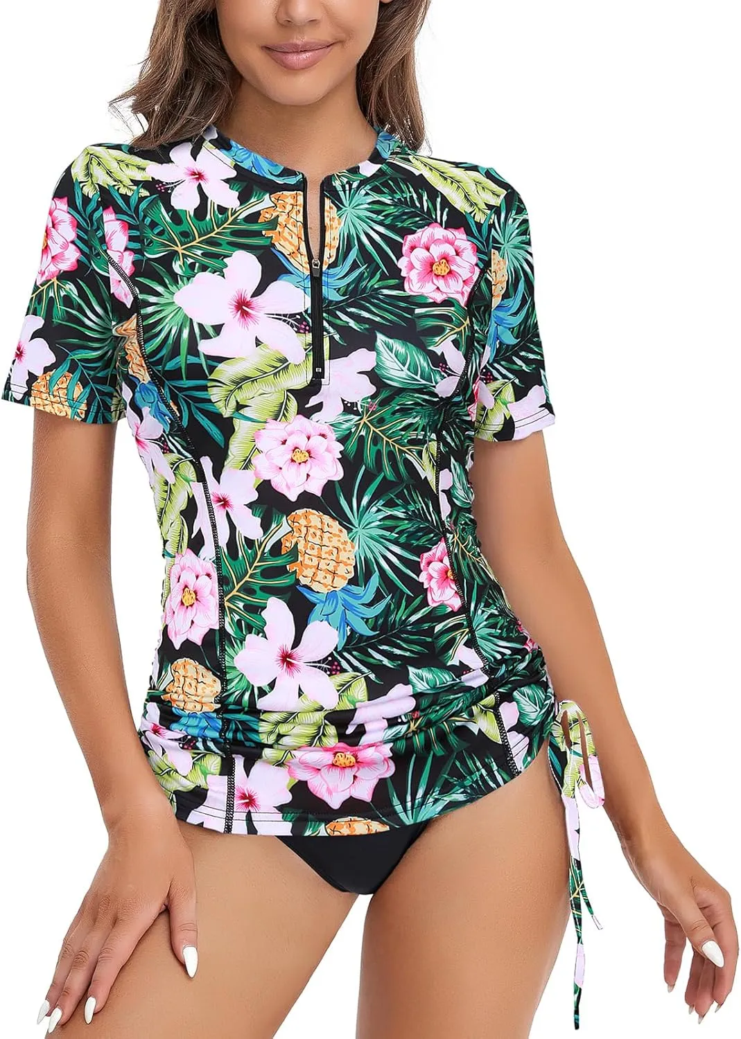 LURANEE Womens Short Sleeve Rash Guard Shirts UPF 50  Side Adjustable Wetsuit Swimsuit Top S-XXL