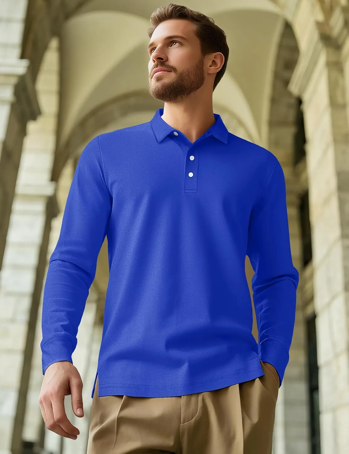 MAGCOMSEN Men's Polo Shirt Long Sleeve Golf Shirts Quick Dry Lightweight 3-Button Performance Work Fishing Athletic