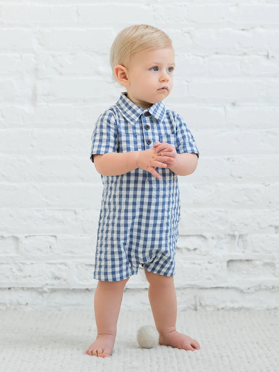 Mato Seersucker Collared Romper - Marino Gingham