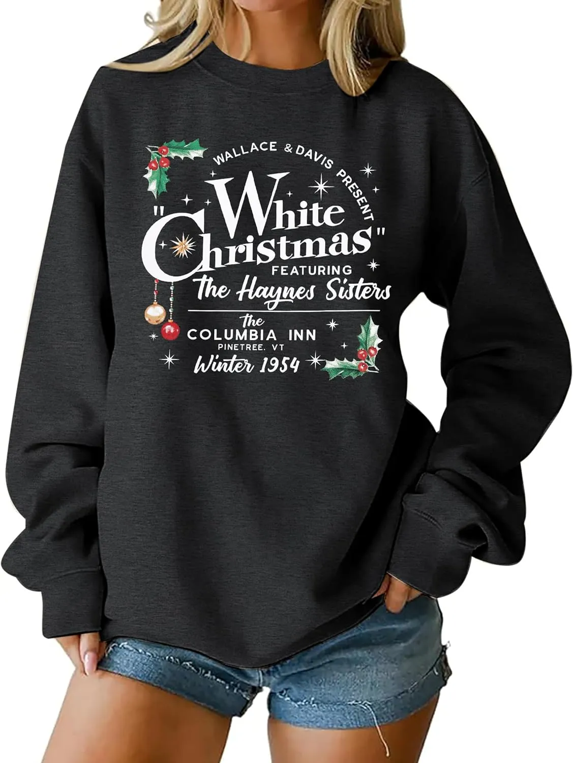 MAXIMGR White Christmas Sweatshirt for Women Christmas Sweatshirts Xmas Holiday Sweatshirt Funny Letter Print Pullover Tops