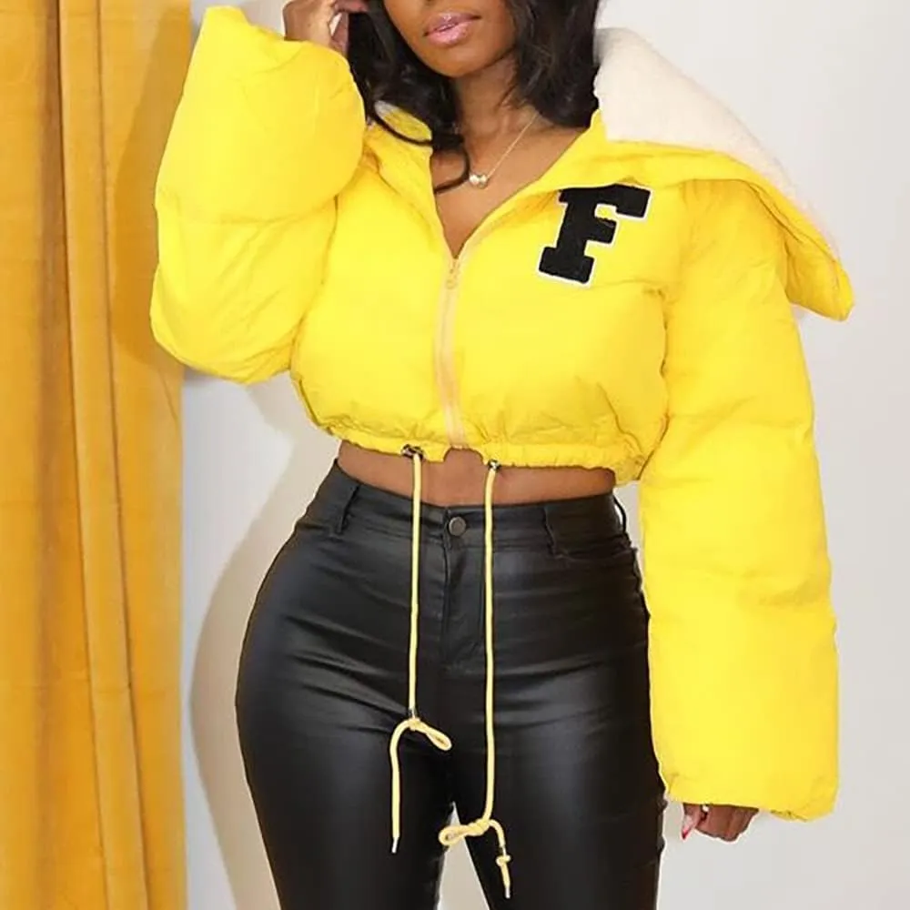 Mayntop Women Sherpa Polar Fleece Shawl Collar Cropped Letter Puffer Bomber Varsity Jacket Zipper Cotton Padded Streetwear