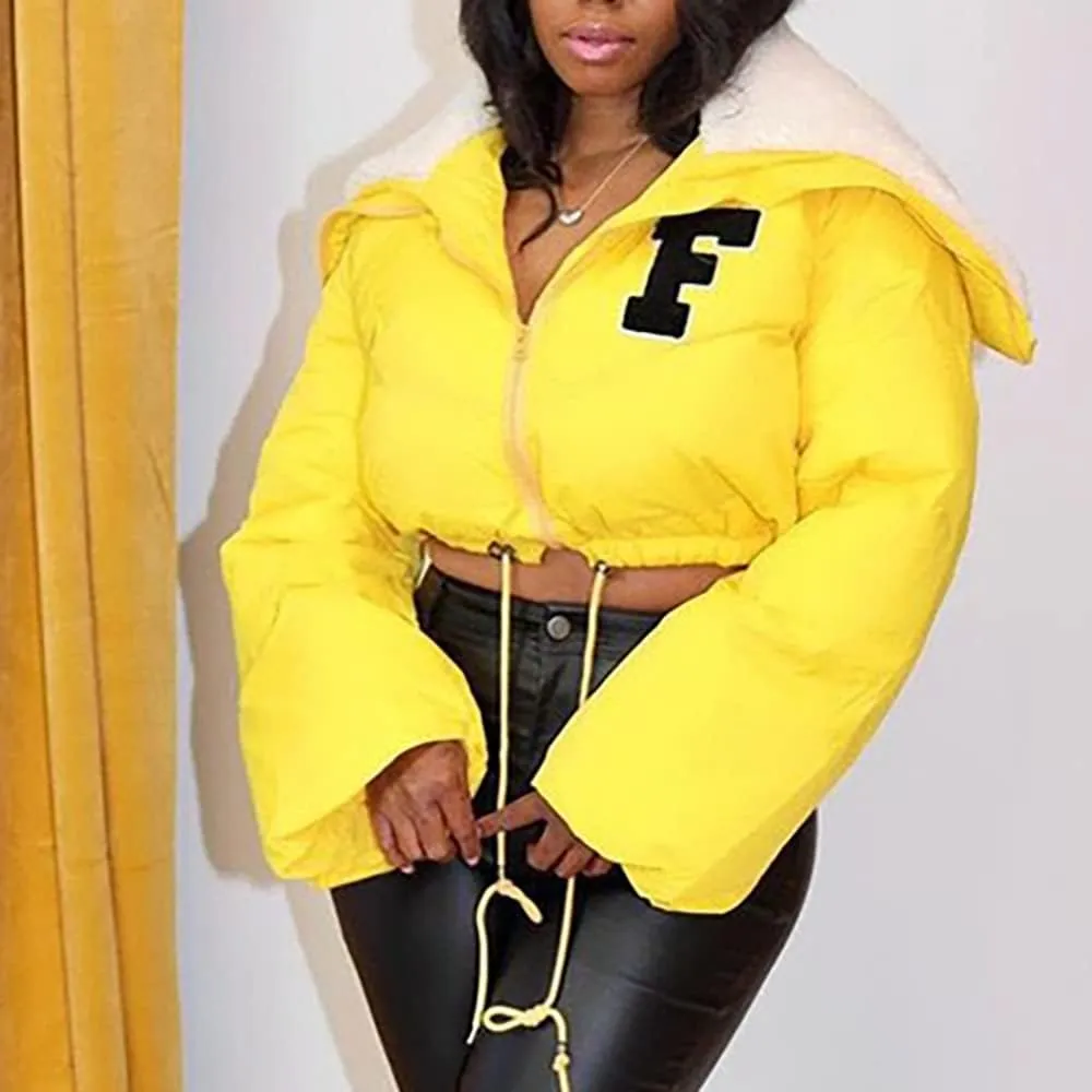 Mayntop Women Sherpa Polar Fleece Shawl Collar Cropped Letter Puffer Bomber Varsity Jacket Zipper Cotton Padded Streetwear