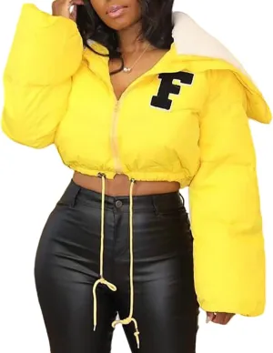 Mayntop Women Sherpa Polar Fleece Shawl Collar Cropped Letter Puffer Bomber Varsity Jacket Zipper Cotton Padded Streetwear