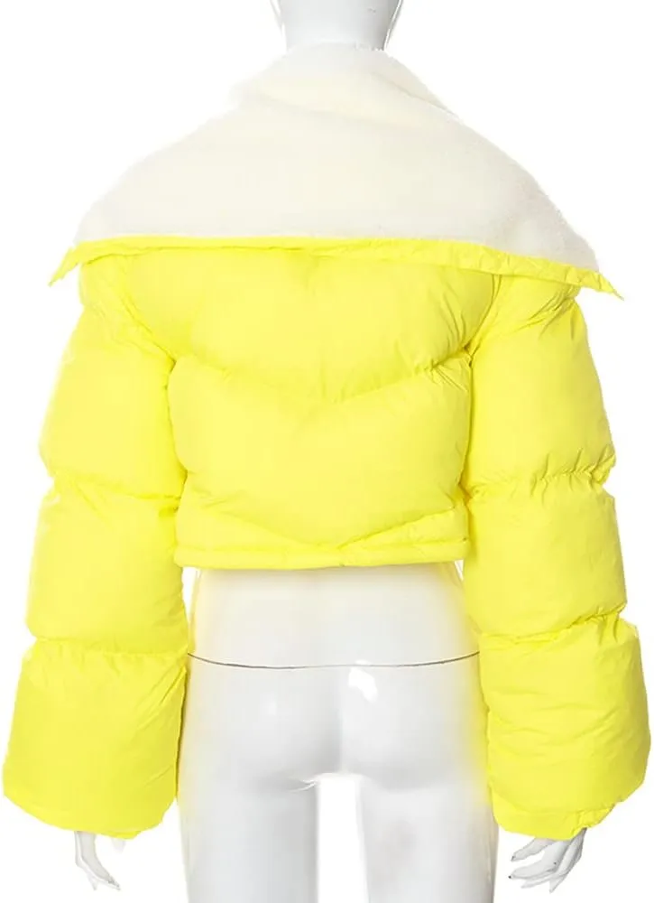 Mayntop Women Sherpa Polar Fleece Shawl Collar Cropped Letter Puffer Bomber Varsity Jacket Zipper Cotton Padded Streetwear