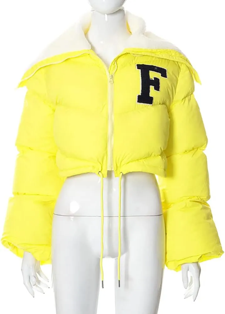Mayntop Women Sherpa Polar Fleece Shawl Collar Cropped Letter Puffer Bomber Varsity Jacket Zipper Cotton Padded Streetwear