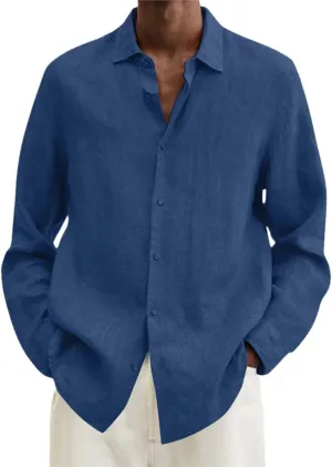 Men Shirts Loose Linen Solid Long Sleeve Turn-Down Collar Button Retro Autumn Shirt for Male Blouse Sexy Tops