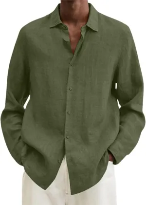 Men Shirts Loose Linen Solid Long Sleeve Turn-Down Collar Button Retro Autumn Shirt for Male Blouse Sexy Tops