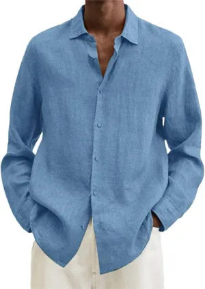 Men Shirts Loose Linen Solid Long Sleeve Turn-Down Collar Button Retro Autumn Shirt for Male Blouse Sexy Tops