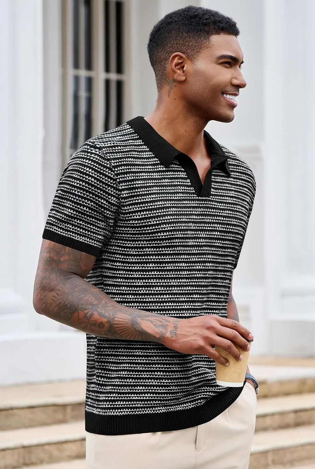 Men V Neck Polo Knit Striped Heavyweight Casual Poloshirts Summer Short Sleeve Shirt (S-XXL)