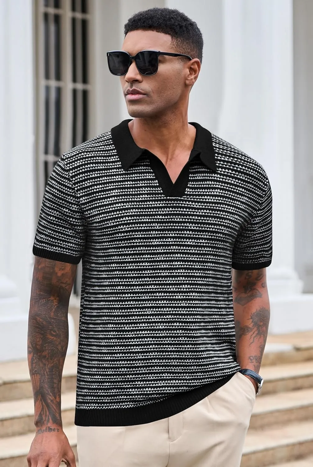 Men V Neck Polo Knit Striped Heavyweight Casual Poloshirts Summer Short Sleeve Shirt (S-XXL)