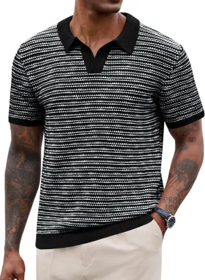 Men V Neck Polo Knit Striped Heavyweight Casual Poloshirts Summer Short Sleeve Shirt (S-XXL)