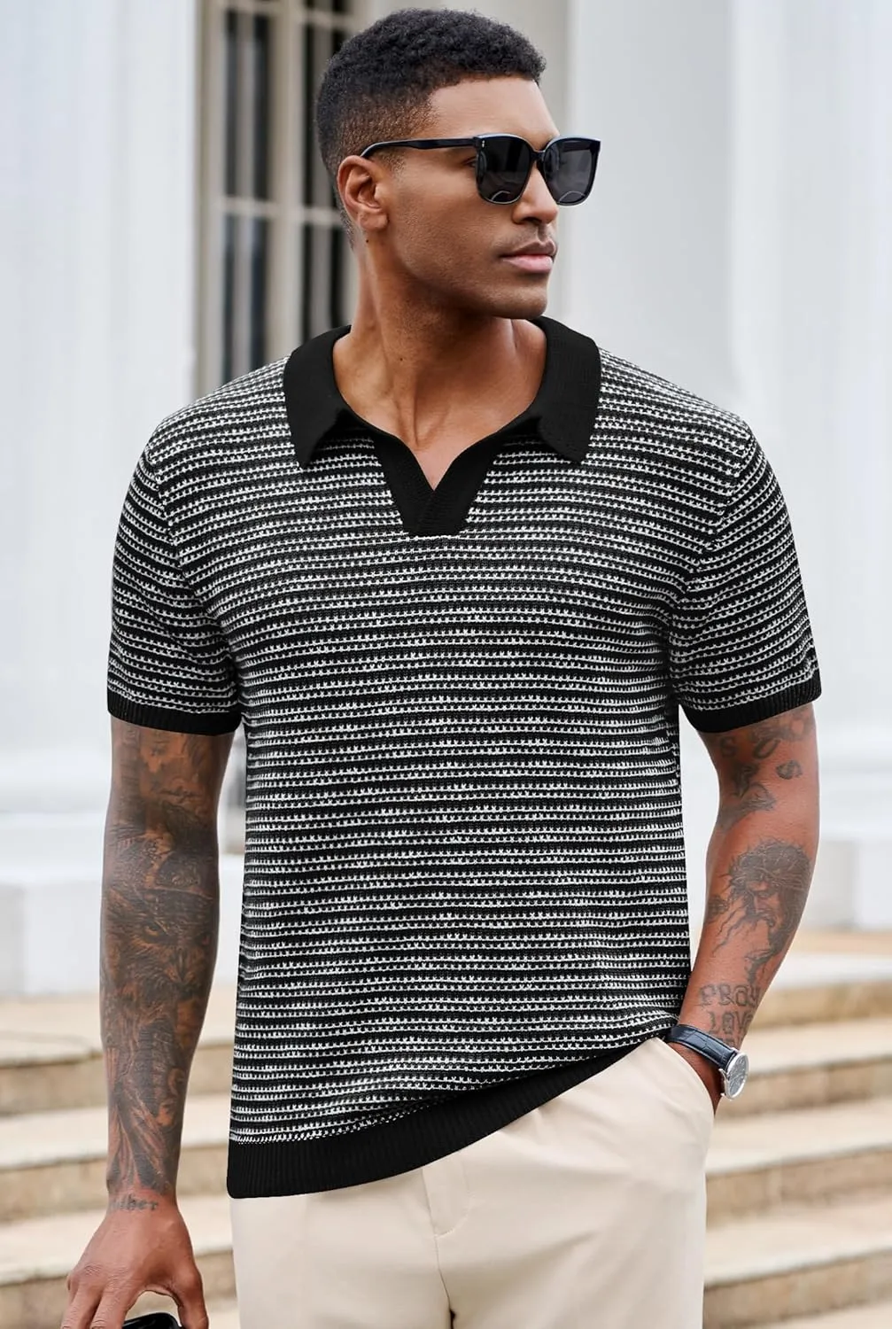 Men V Neck Polo Knit Striped Heavyweight Casual Poloshirts Summer Short Sleeve Shirt (S-XXL)