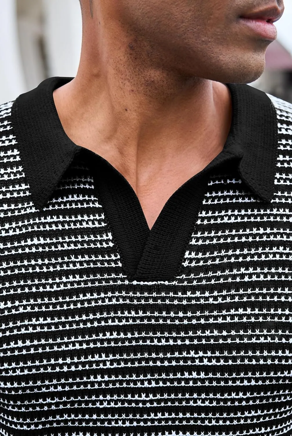 Men V Neck Polo Knit Striped Heavyweight Casual Poloshirts Summer Short Sleeve Shirt (S-XXL)