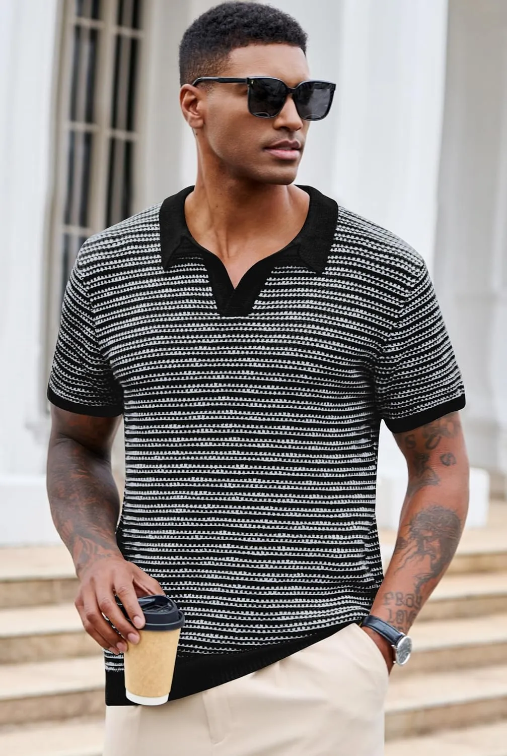 Men V Neck Polo Knit Striped Heavyweight Casual Poloshirts Summer Short Sleeve Shirt (S-XXL)