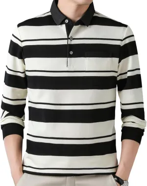Mens Casual Cotton Blend Striped Long Sleeve Collared T Shirt Polo Shirts