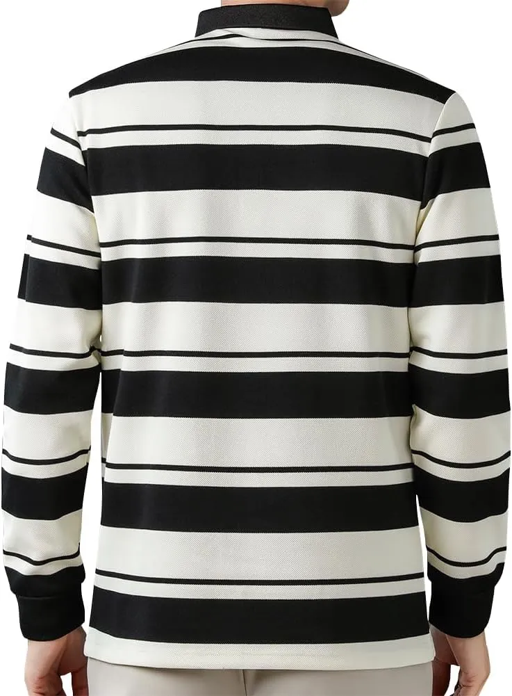 Mens Casual Cotton Blend Striped Long Sleeve Collared T Shirt Polo Shirts