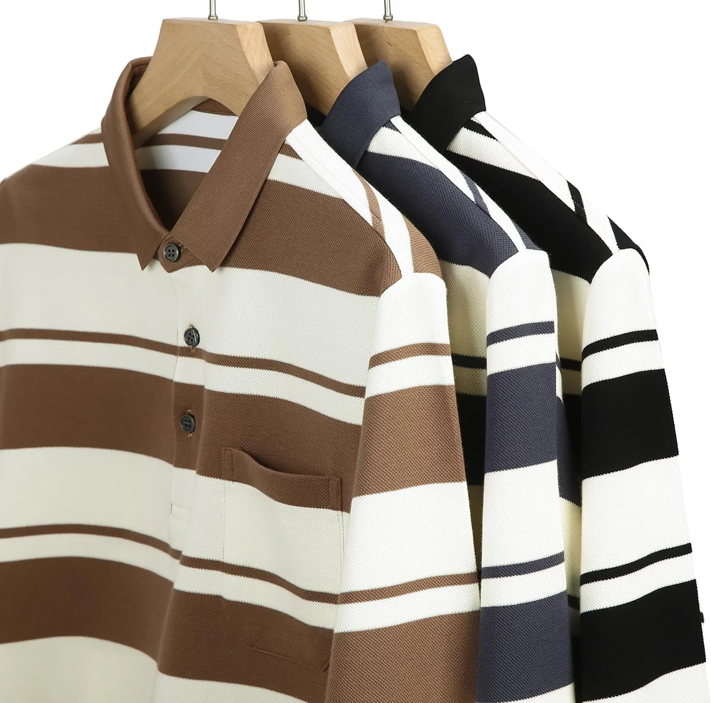 Mens Casual Cotton Blend Striped Long Sleeve Collared T Shirt Polo Shirts